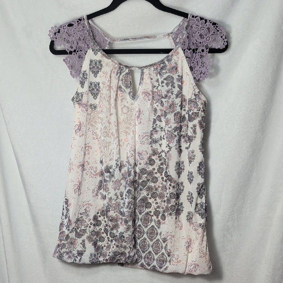 Maurices Tops - Maurices Cream Floral Paisley Tank with Lavender Lace Shoulders